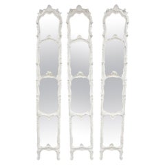 Antique French Rococo Louis XV White Carved Wood Tall Narrow Mirrors - 3 Pz.
