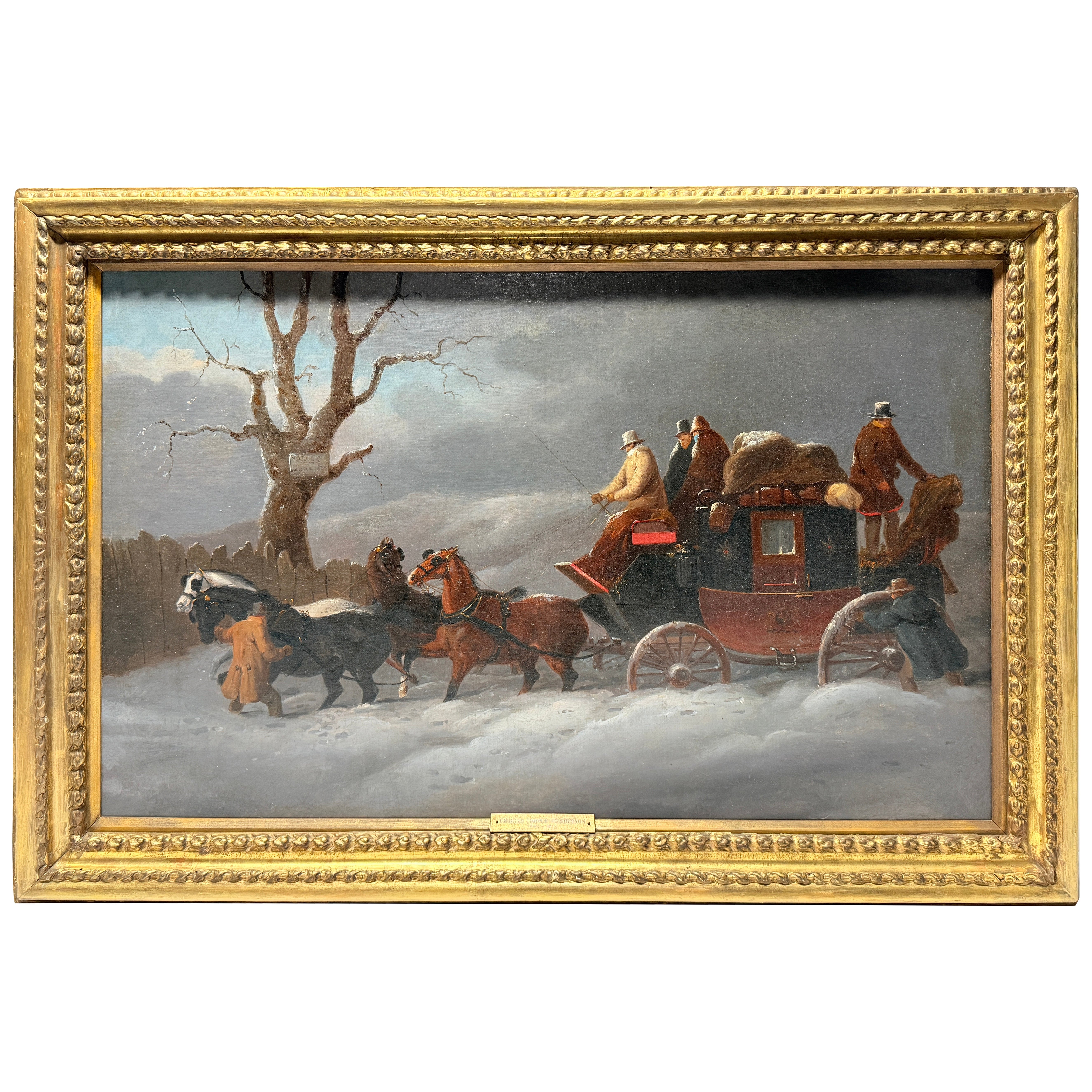 Charles Cooper Henderson "Carrozza nella neve" Olio su tela - Etichette della mostra
