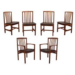 Raro Juego de 6 Sillas de Comedor DUX de los 60 2 Brazos 4 Laterales Nogal y Cuero Negro