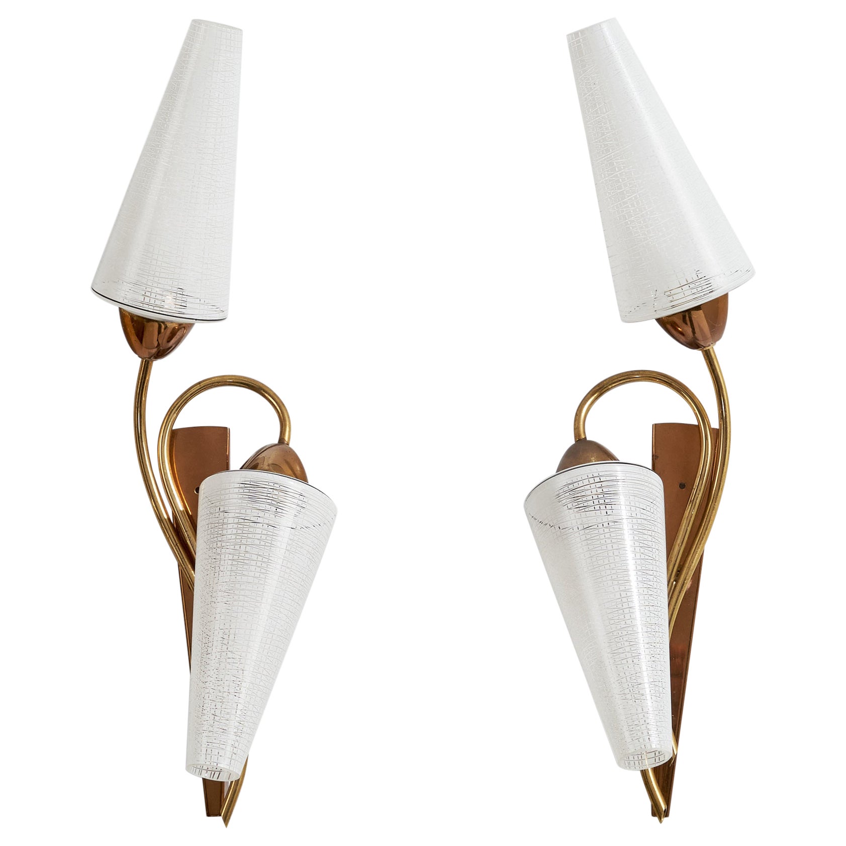 French Designer, Wall Lights, Brass, Copper, Glass, France, 1950s For Sale