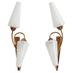 French Designer, Wall Lights, Brass, Copper, Glass, France, 1950s