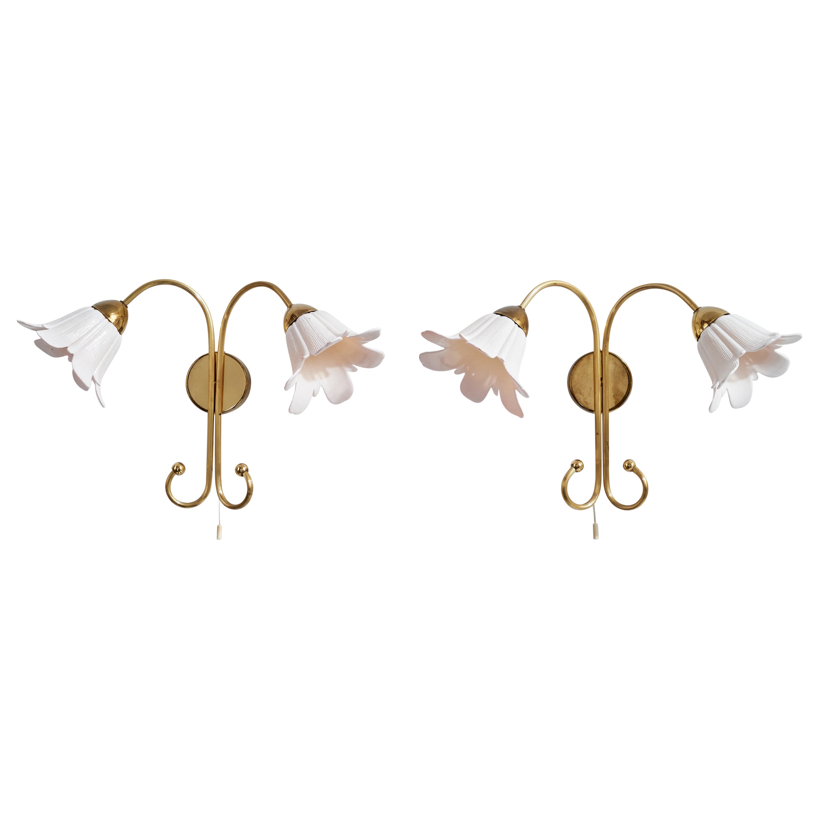Swedish Designer, Wall Lights, Brass, Glass, Sweden, 1950s