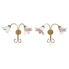 Swedish Designer, Wall Lights, Brass, Glass, Sweden, 1950s