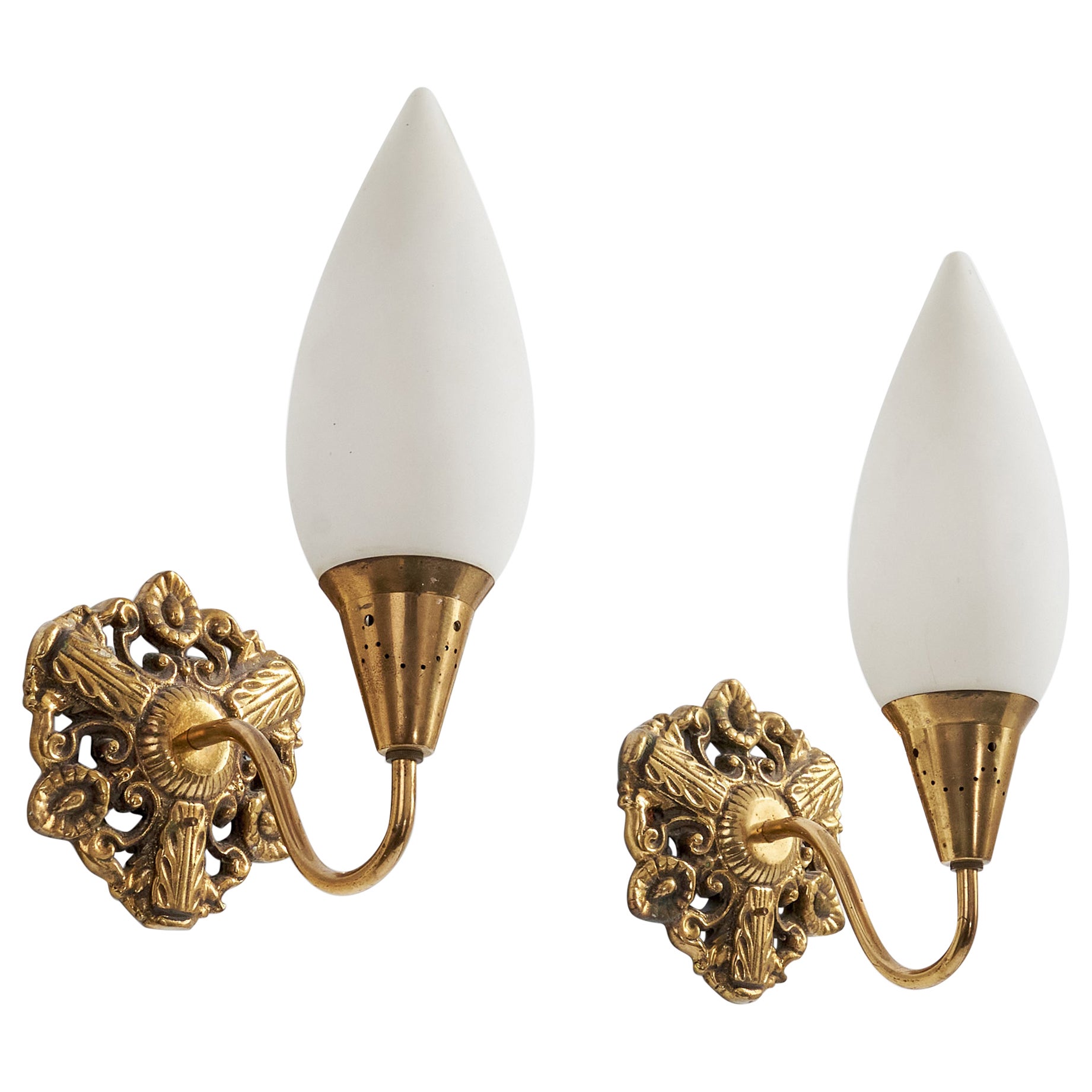 Swedish Designer, Wall Lights, Brass, Glass, Sweden, 1940s
