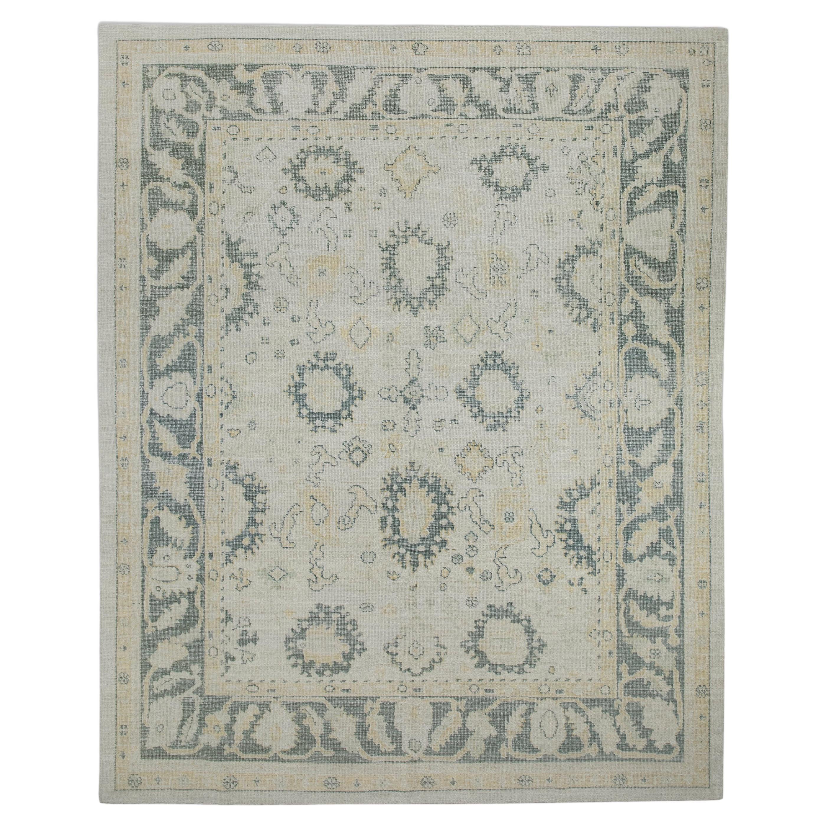 Turkish Oushak Rug White Green Floral Handwoven Wool Rug 7'9" x 9'7"