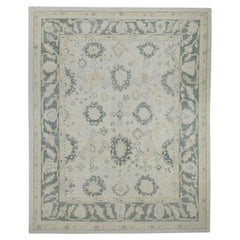 Turkish Oushak Rug White Green Floral Handwoven Wool Rug 7'9" x 9'7"
