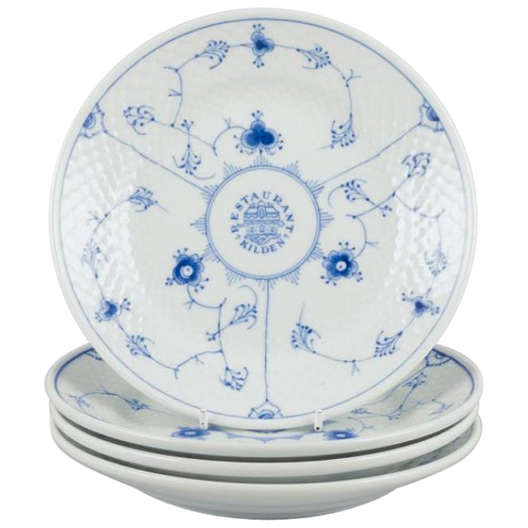 Bing & Grøndahl. Set of four Blue Fluted plates. Hotel/restaurant porcelain.