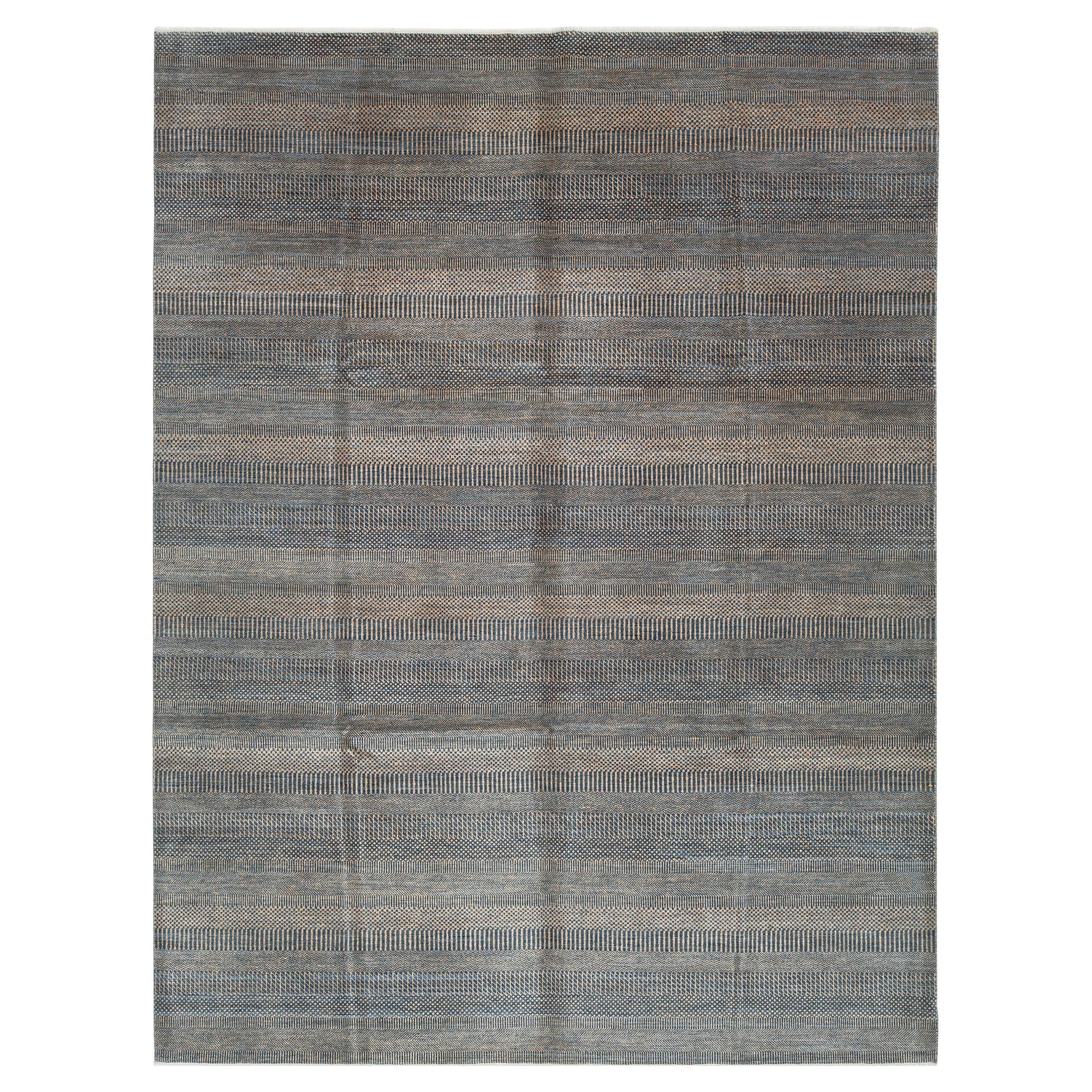 Tapis moderne Savannah fait à la main en bleu et orange à motifs géométriques