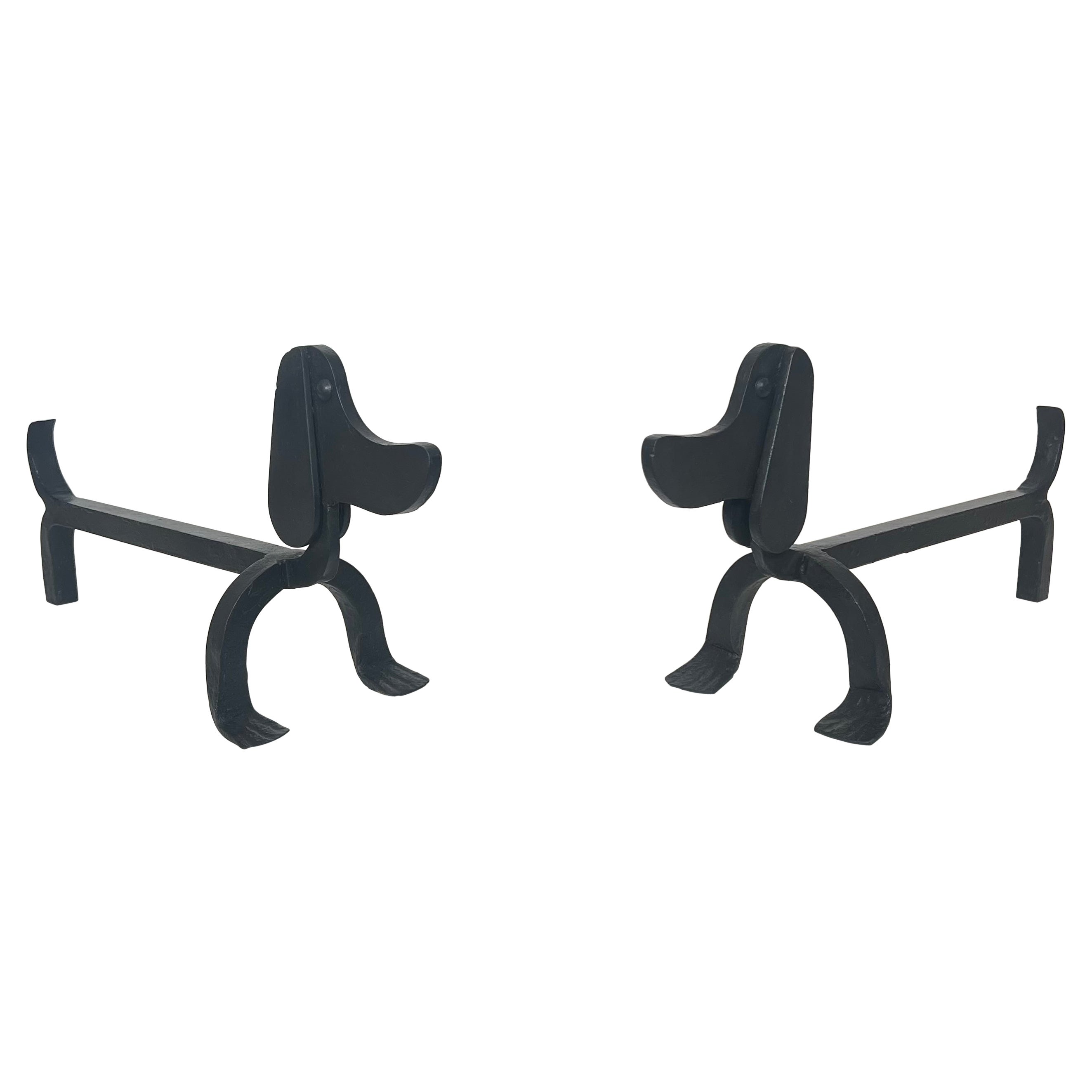 Pair of Wrought Iron Andirons Representing Dachshunds Attrib. to Edouard Schenck