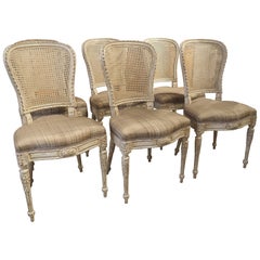 Six French Louis XVI Style Lacquered Chairs in Carved Beech and Caning, 19th C.