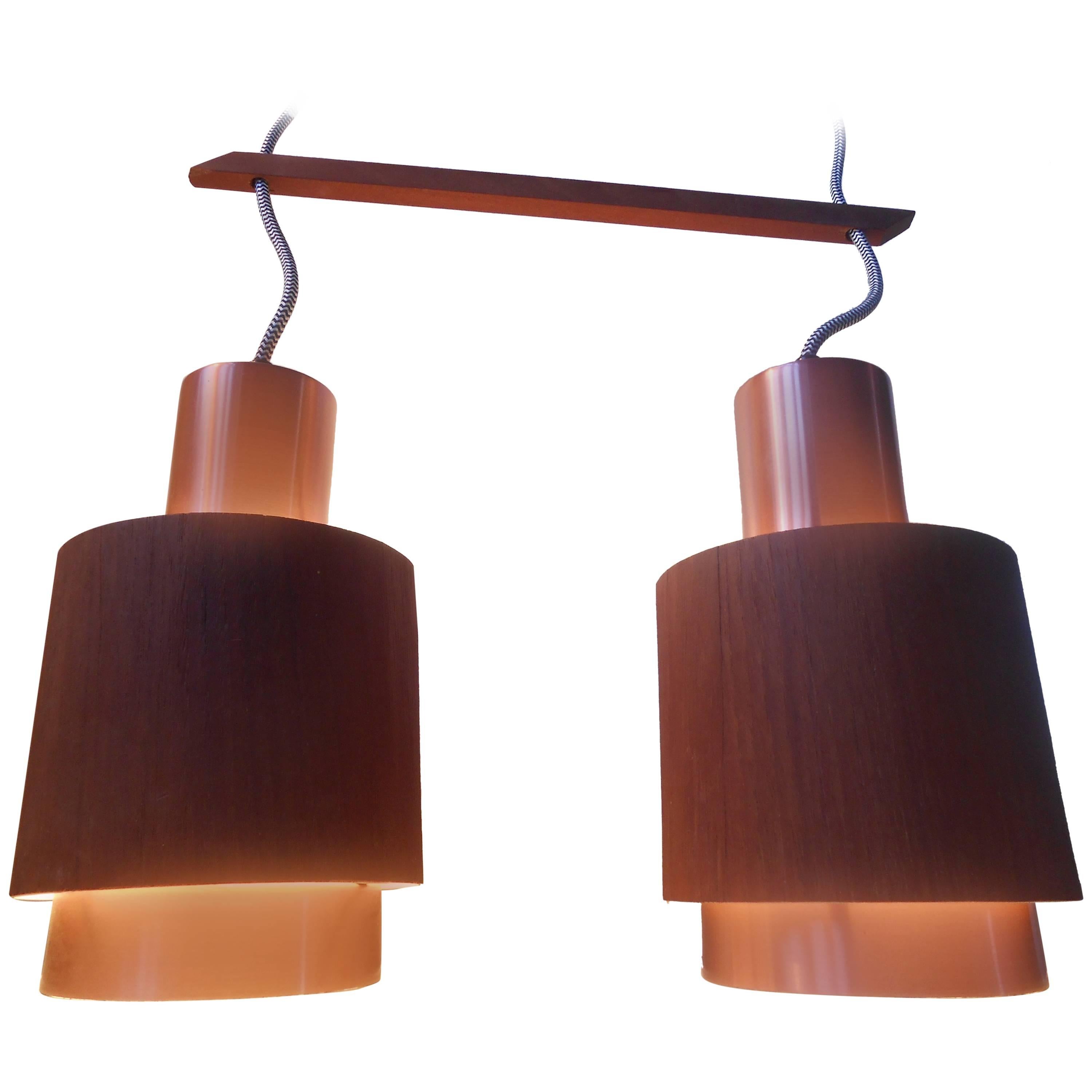 Scandinavian Teak and Rosé Copper Pendant Lamp, 1960s, Mid-Century Modern