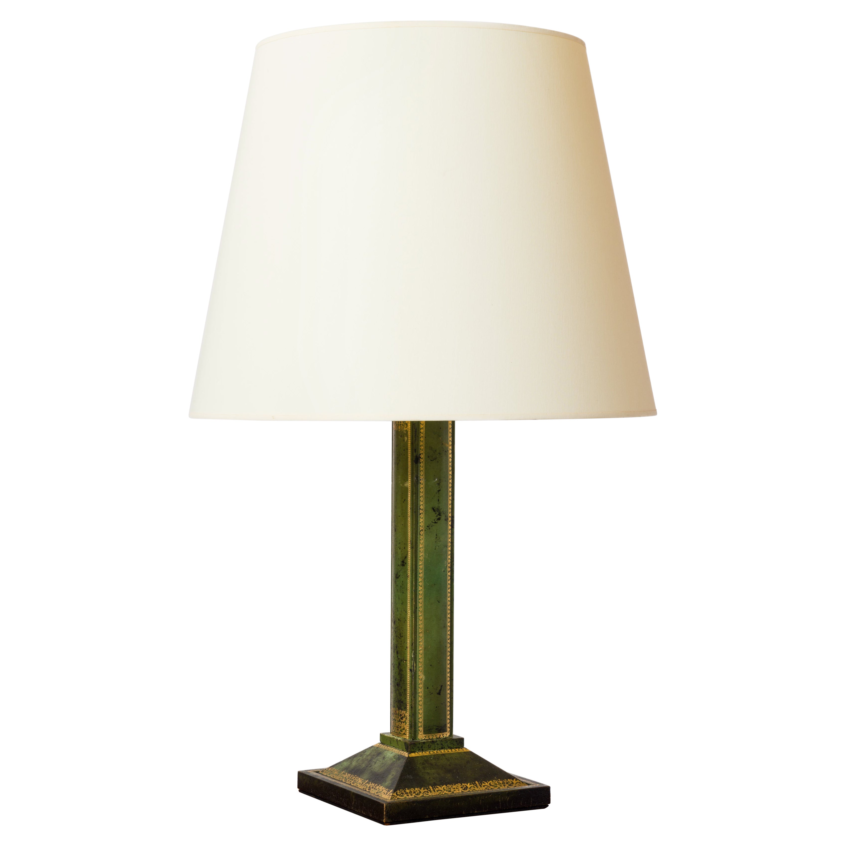 Grande taille en cuir vert avec décor de feuilles d'or attribuée à Chalmette, France, années 1960 en vente