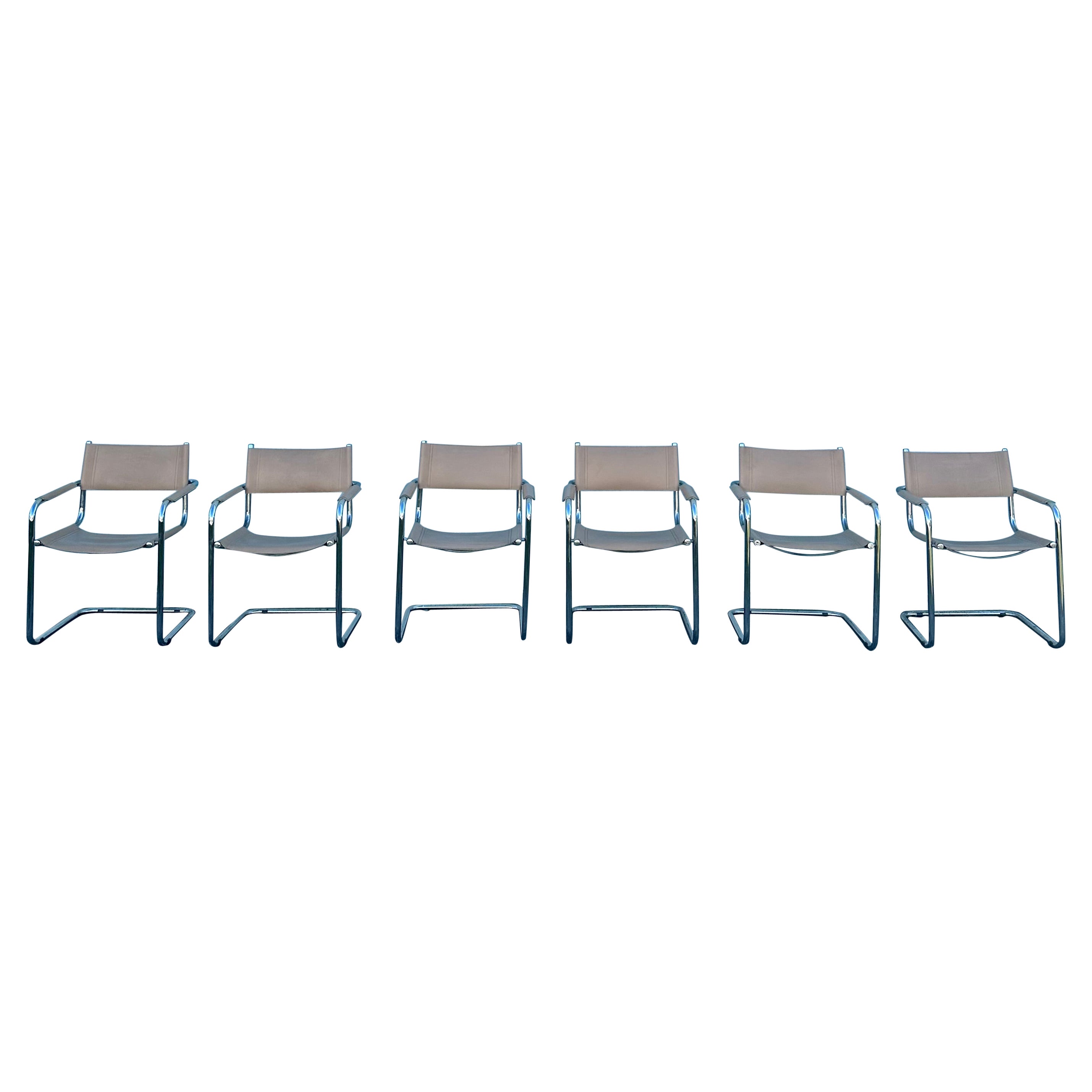 Marcel Breuer Style Beige Leather Tubular Chrome Chairs, Set of 6