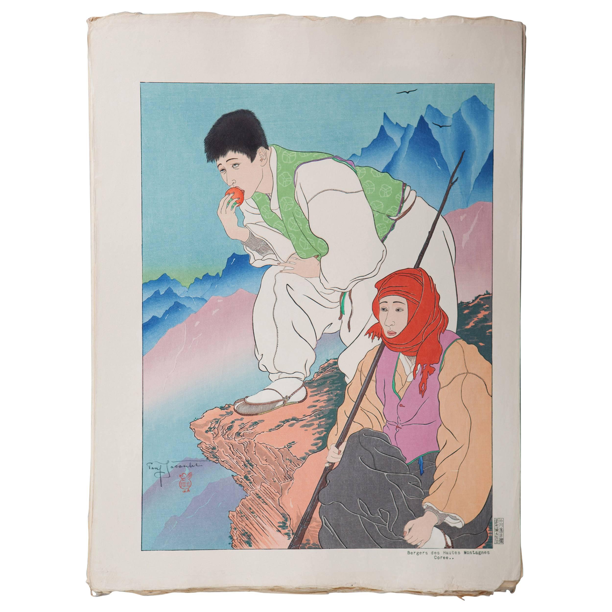 JAPANESE Woodblock Print by Paul Jacoulet, Bergères Des Haute Montagnes