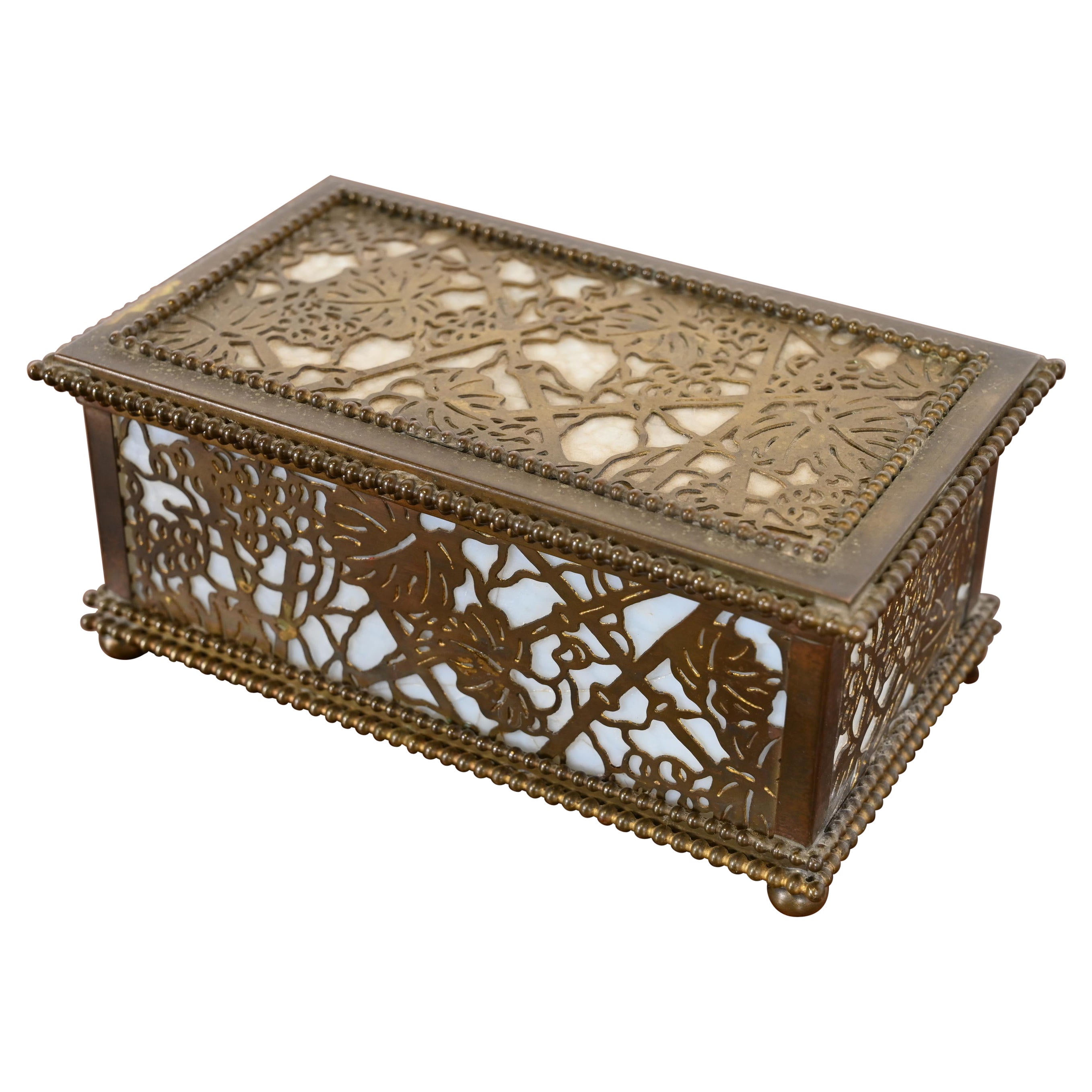 Tiffany Studios New York Grapevine Pattern Bronze and Slag Glass Box