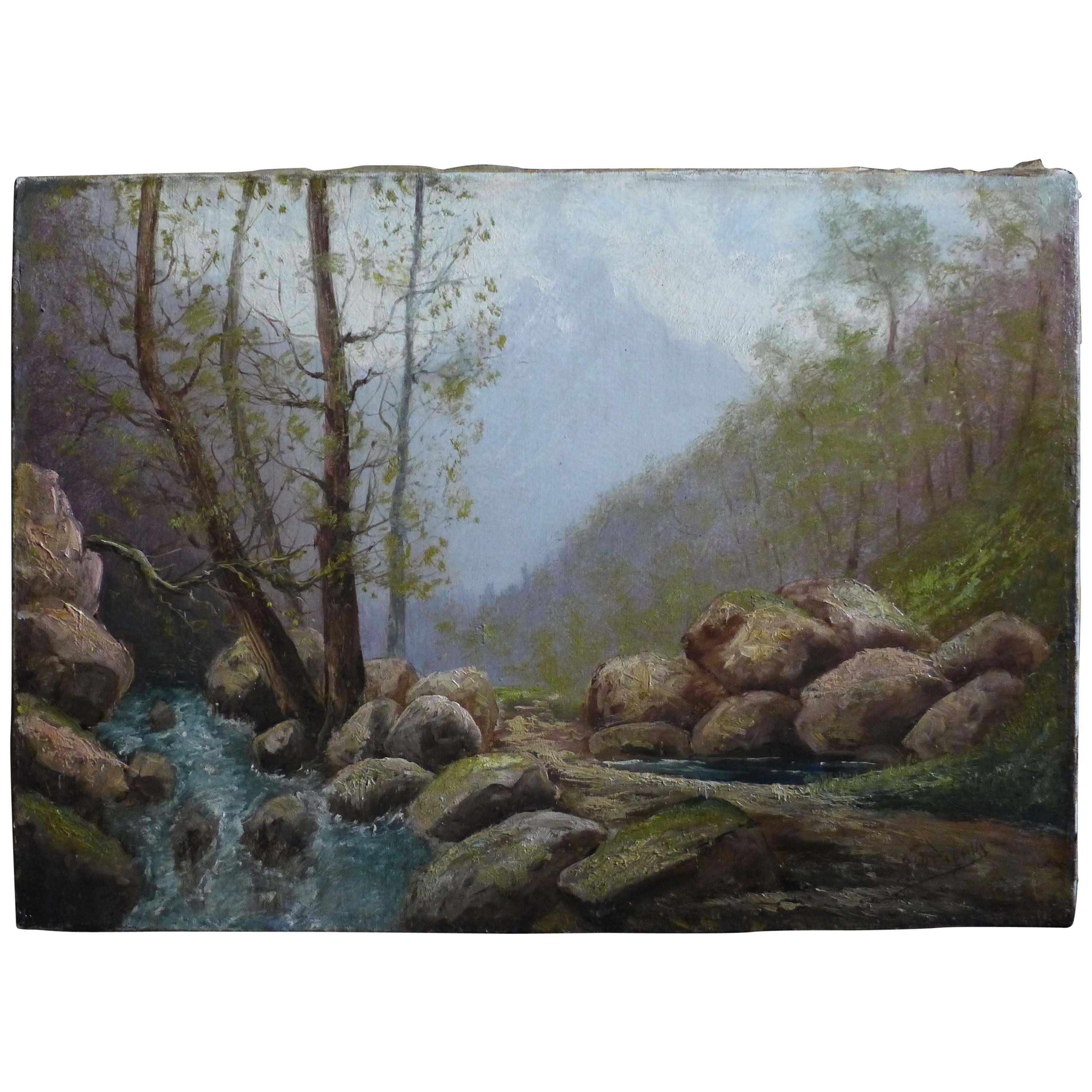 By Godchaux Oil on Canvas French Mountain Circa 1900 For Sale