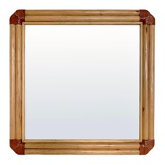 Large Bamboo and  Leather Wall Mirror, circa 1970, Italy.