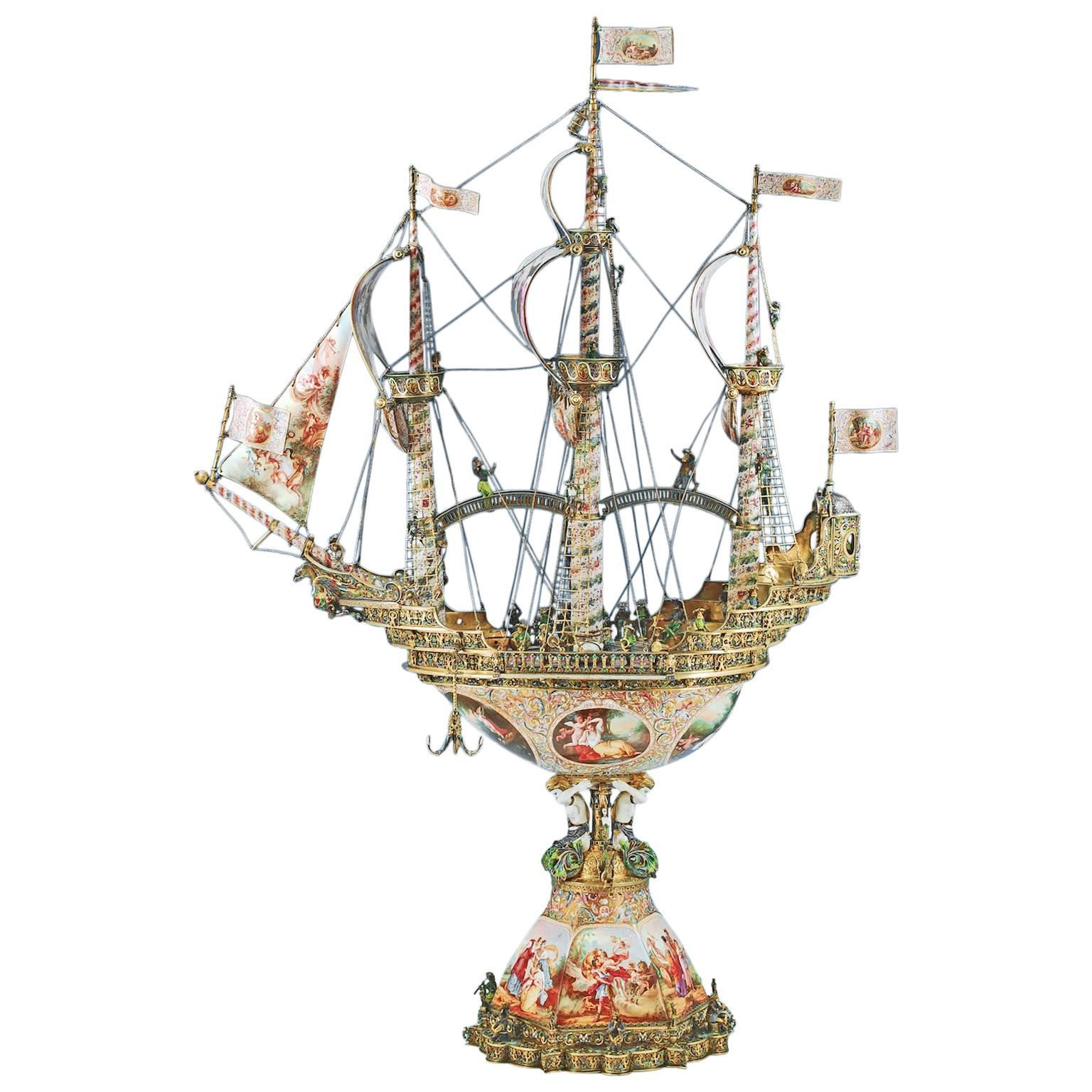 Monumental 19th Century Silvergilt Mounted Viennese Enamel 'nef' For Sale