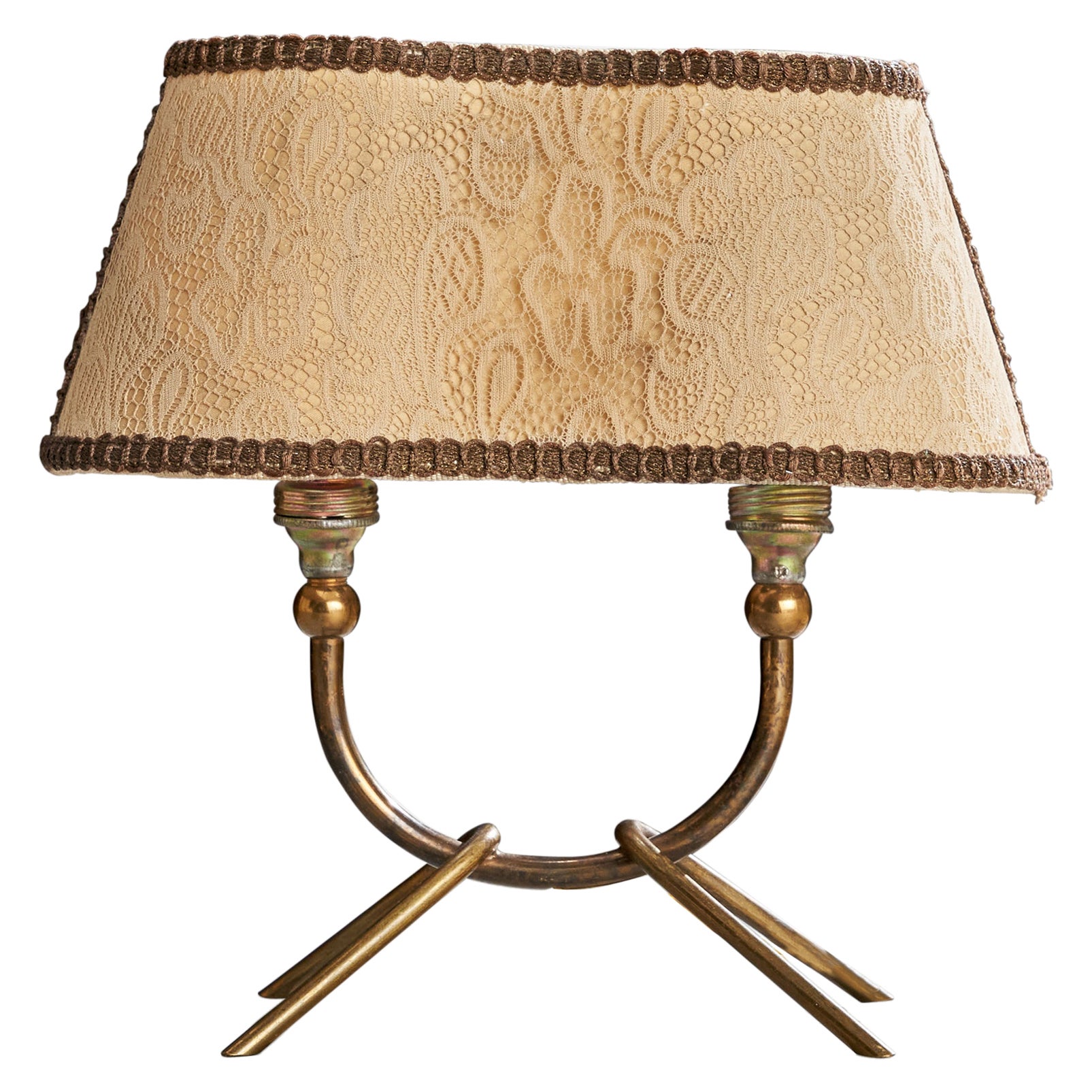 Italienische Designerin, Tischlampe, Messing, Stoff, Italien, 1940er Jahre