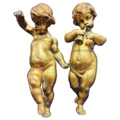 Pair 18thc French Antique Gilt Bronze Full Figural Cherub/ Putti Sculptures