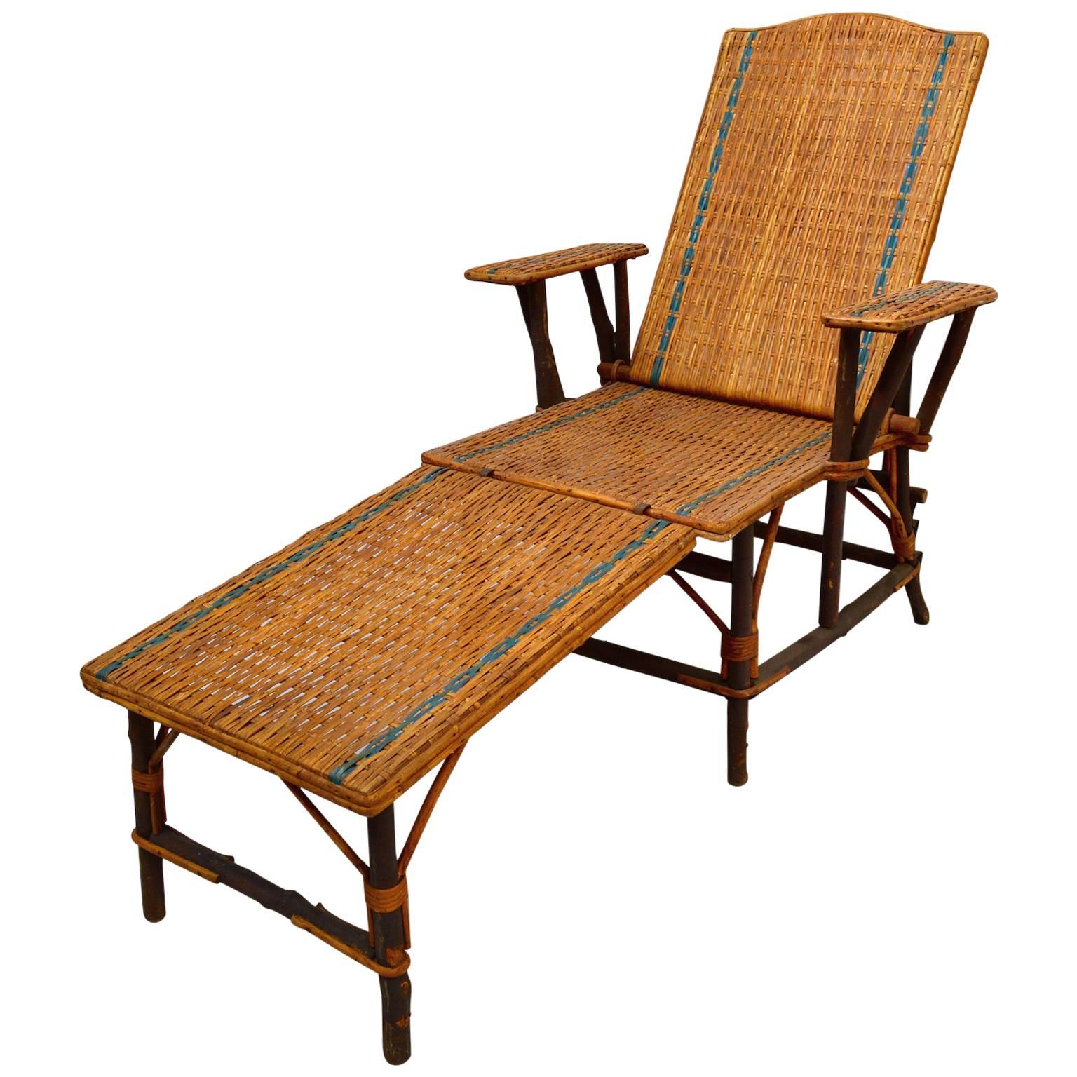 Vintage French Woven Rattan Wicker Lounge Chair