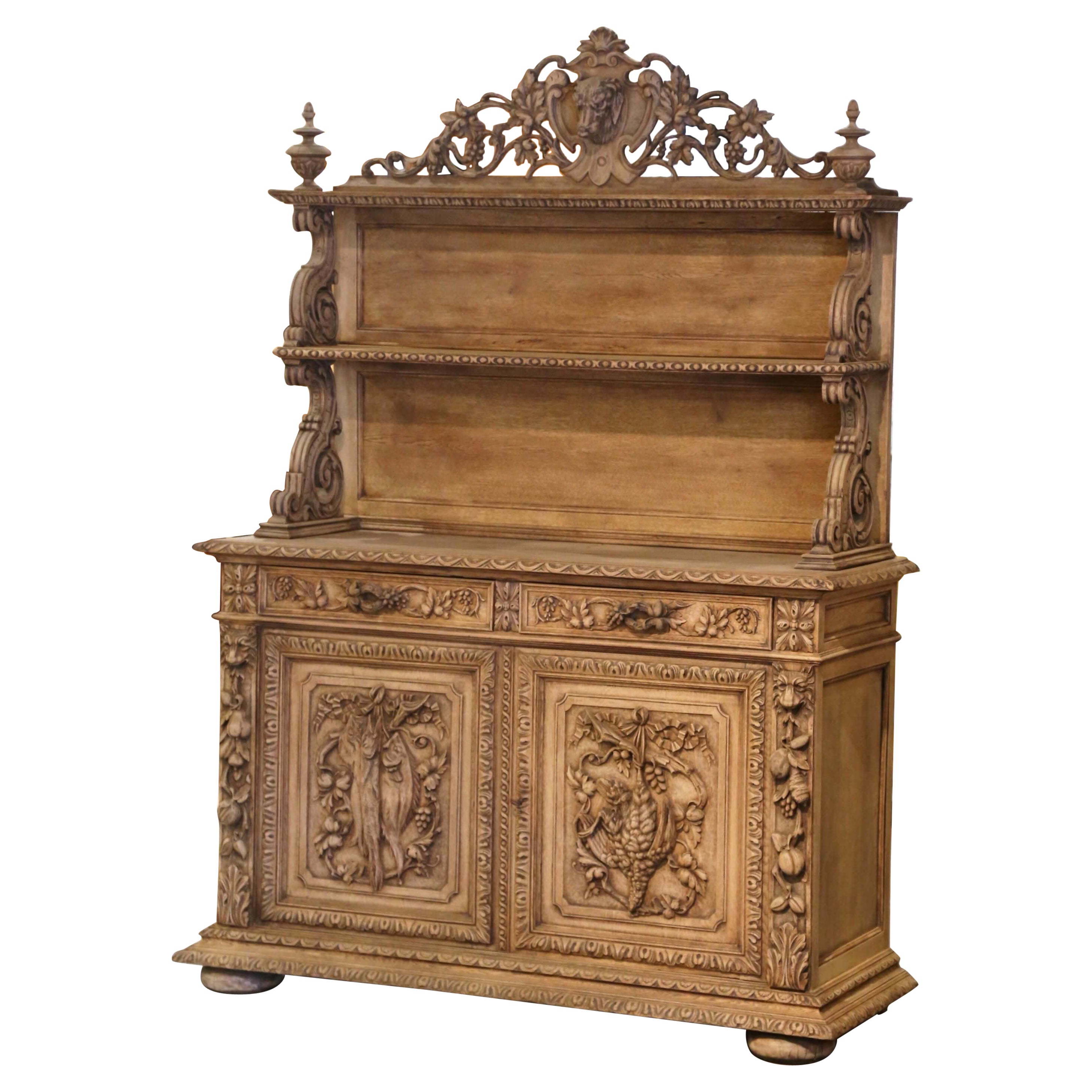 19th Century French Black Forest Carved Bleached Oak Hunt Buffet Desserte
