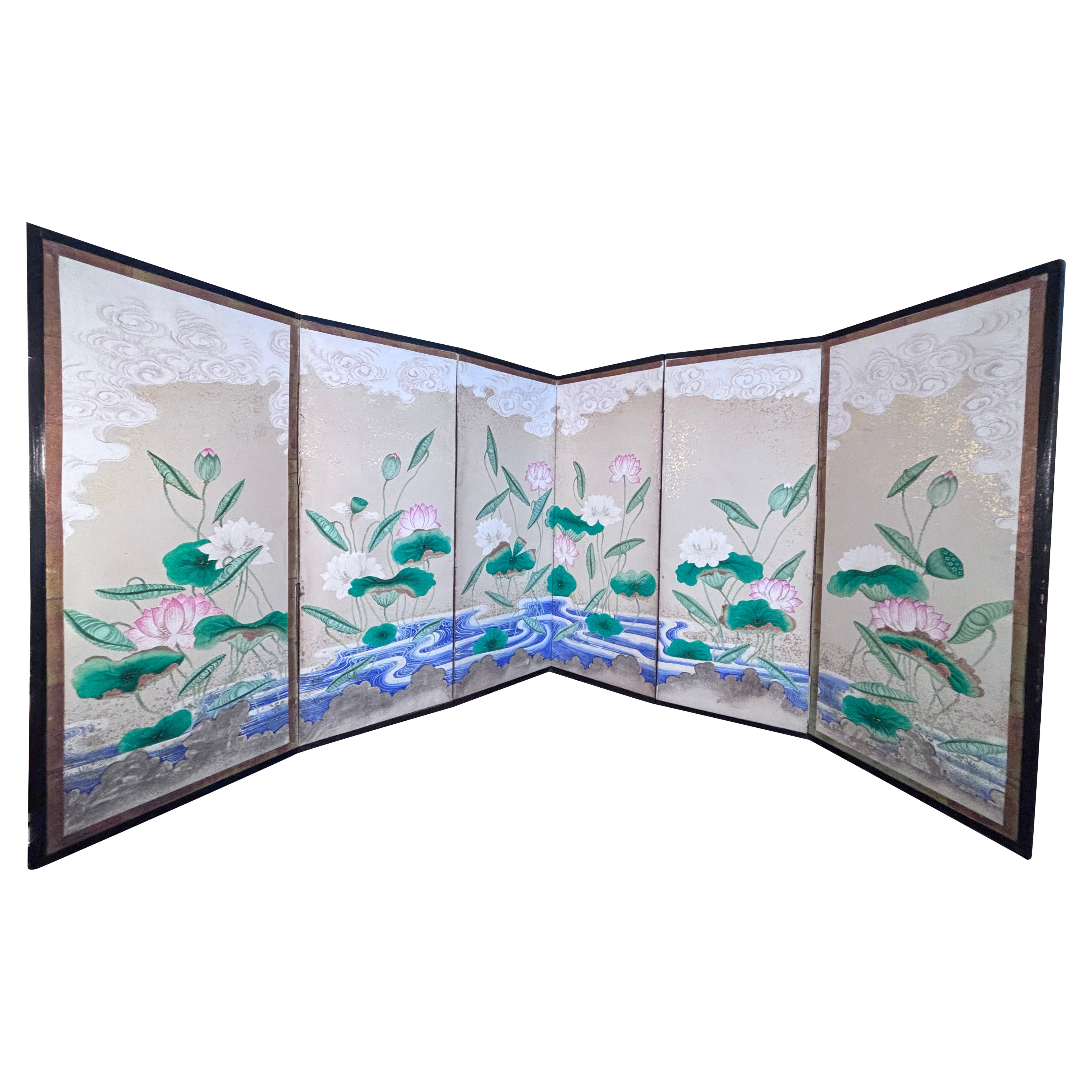 Japanese Antique Hand Painted Lotus And Blue Waters Screen Vibrant Colors