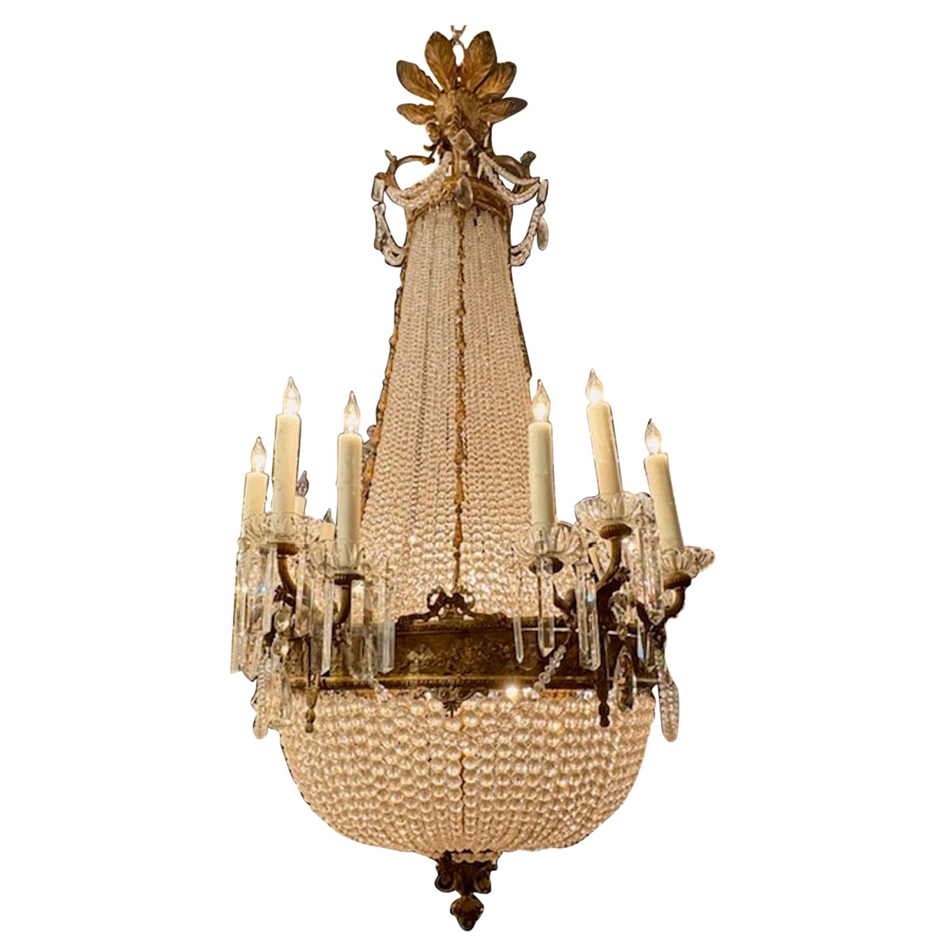 19th Century Italian Gilt Bronze and Crystal Basket Chandelier
