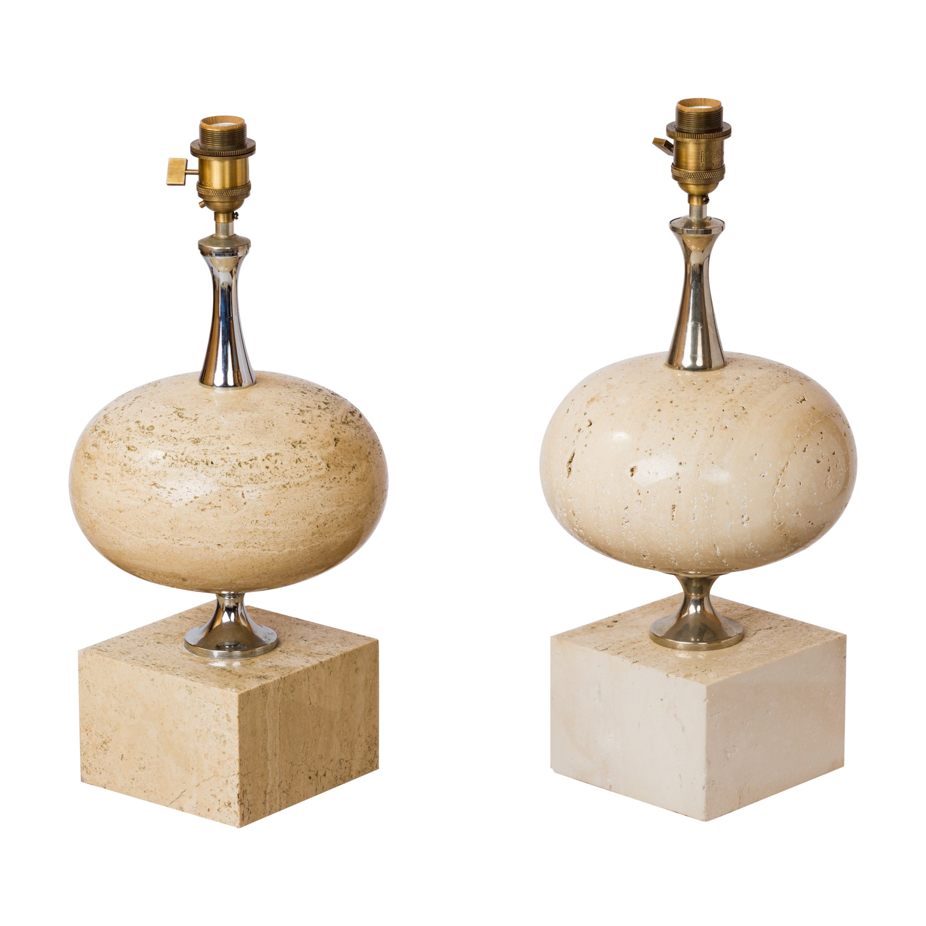 Paire de grandes lampes de bureau en travertin beige de la Maison Barbier, France, années 1970