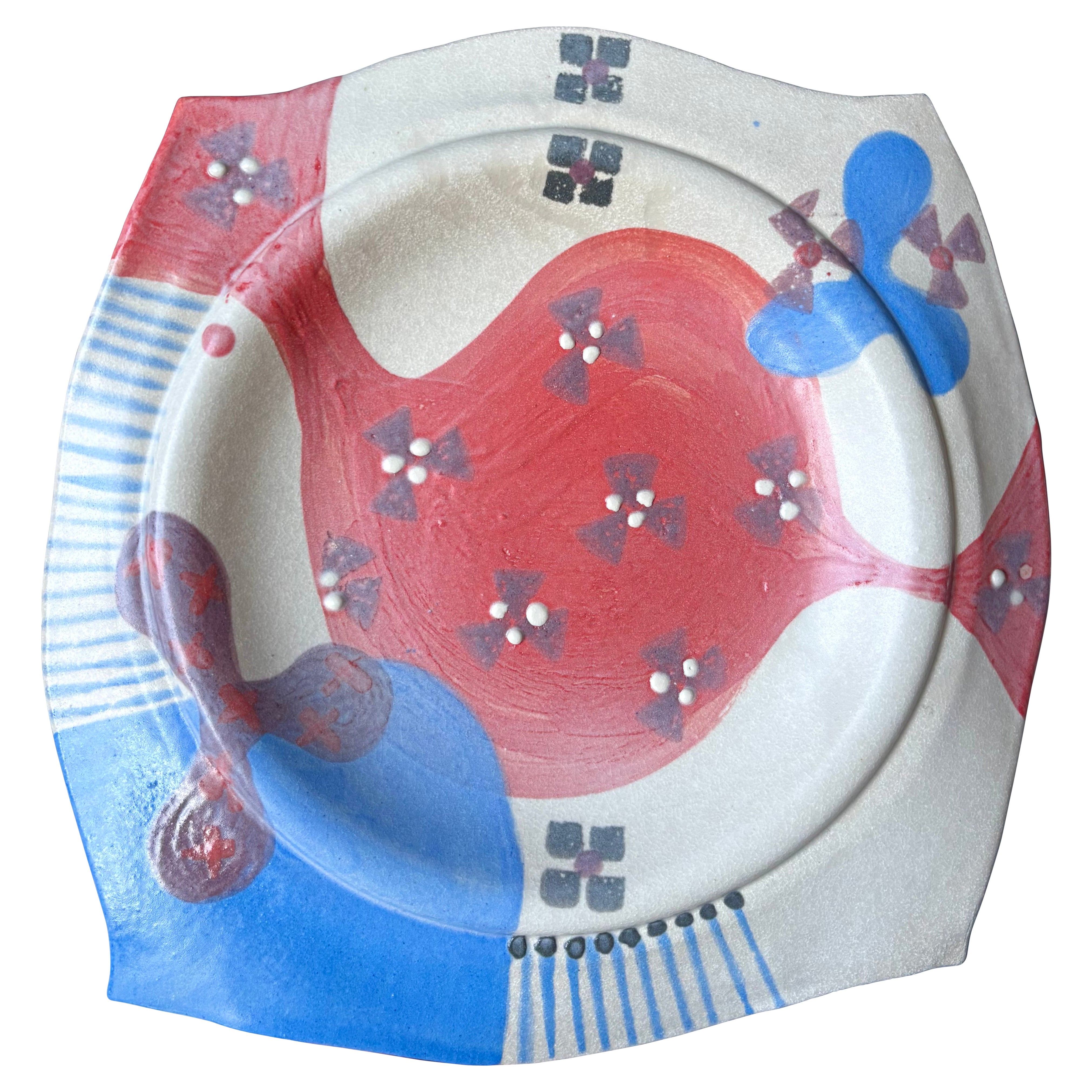 Post-Modern Ceramic Cream, Scarlet, Blue Wall Plate, 1980s For Sale