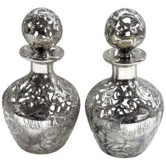 Pair of American Sterling Silver Overlay Crystal Scent or Cologne Bottles