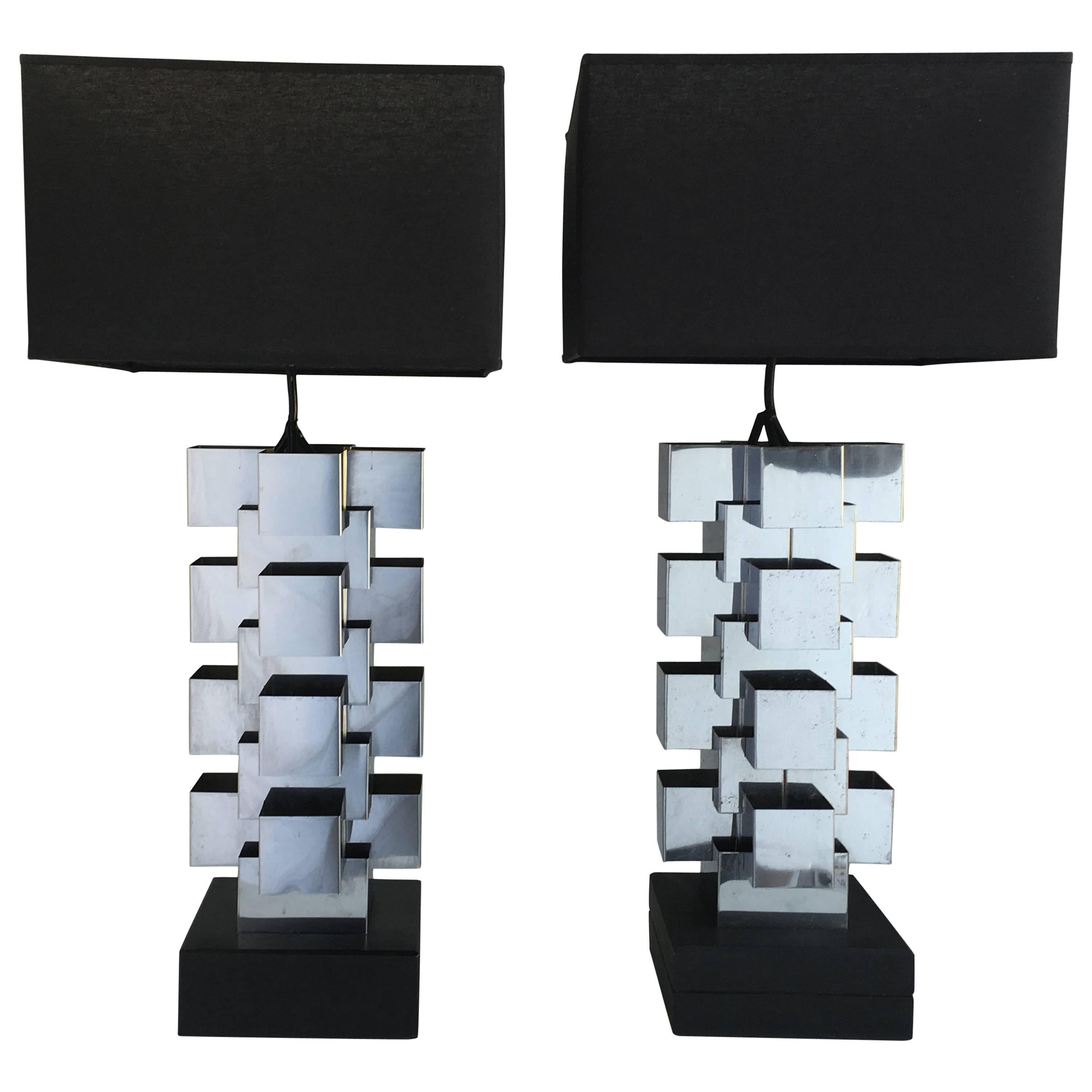 Curtis Jere Chrome "Skyscraper" Table Lamps, Pair For Sale
