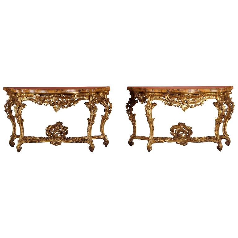 Pair of Roman Carved Giltwood Console Tables with Siena Marble Tops ...