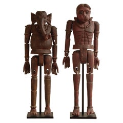 Two carved wooden marionettes depicting Hanuman and Ganesh. Indian c.1890
