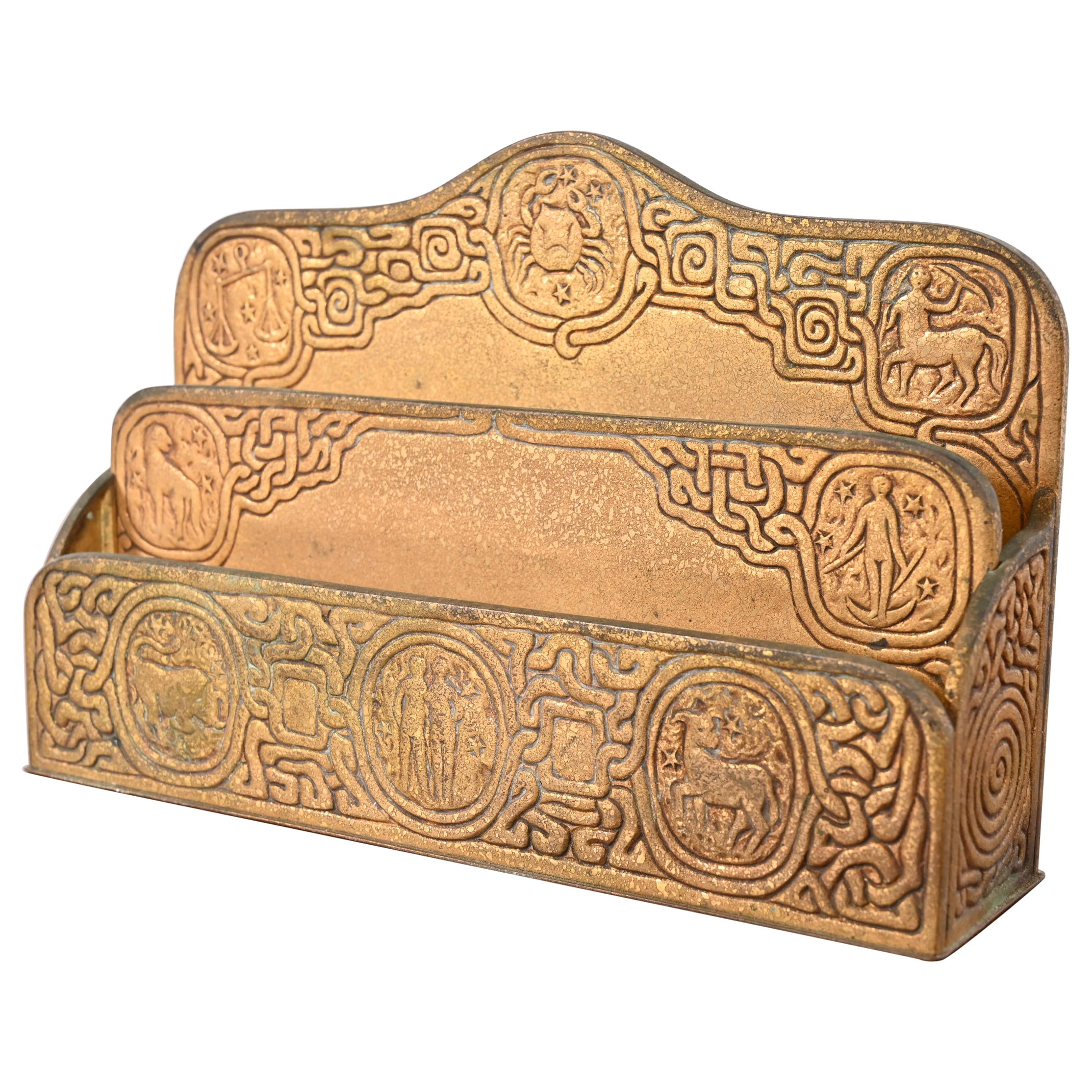 Tiffany Studios New York Zodiac Pattern Bronze Doré Letter Rack