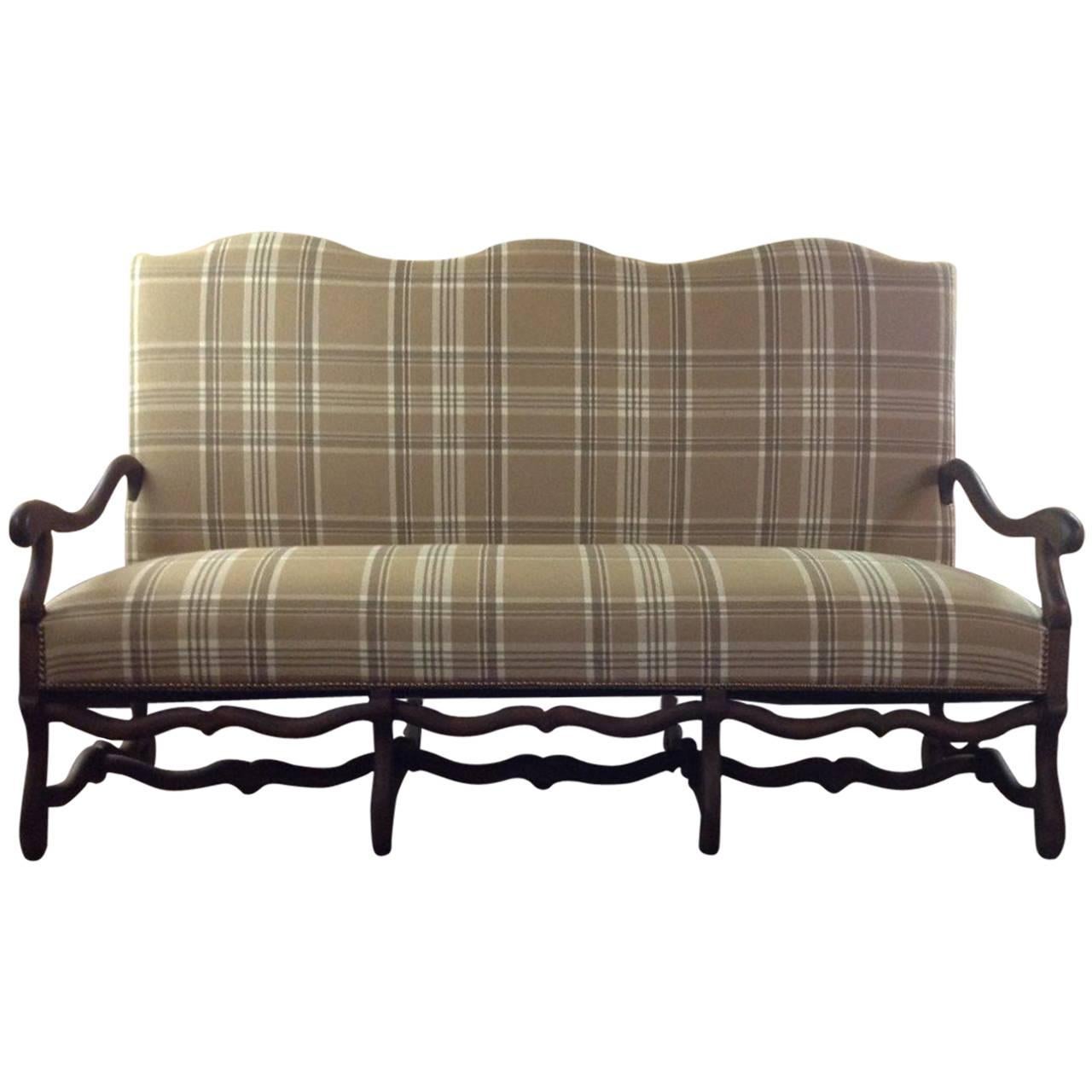 Vintage French Louis XIII Style Loveseat Upholstered in Ralph Lauren Plaid