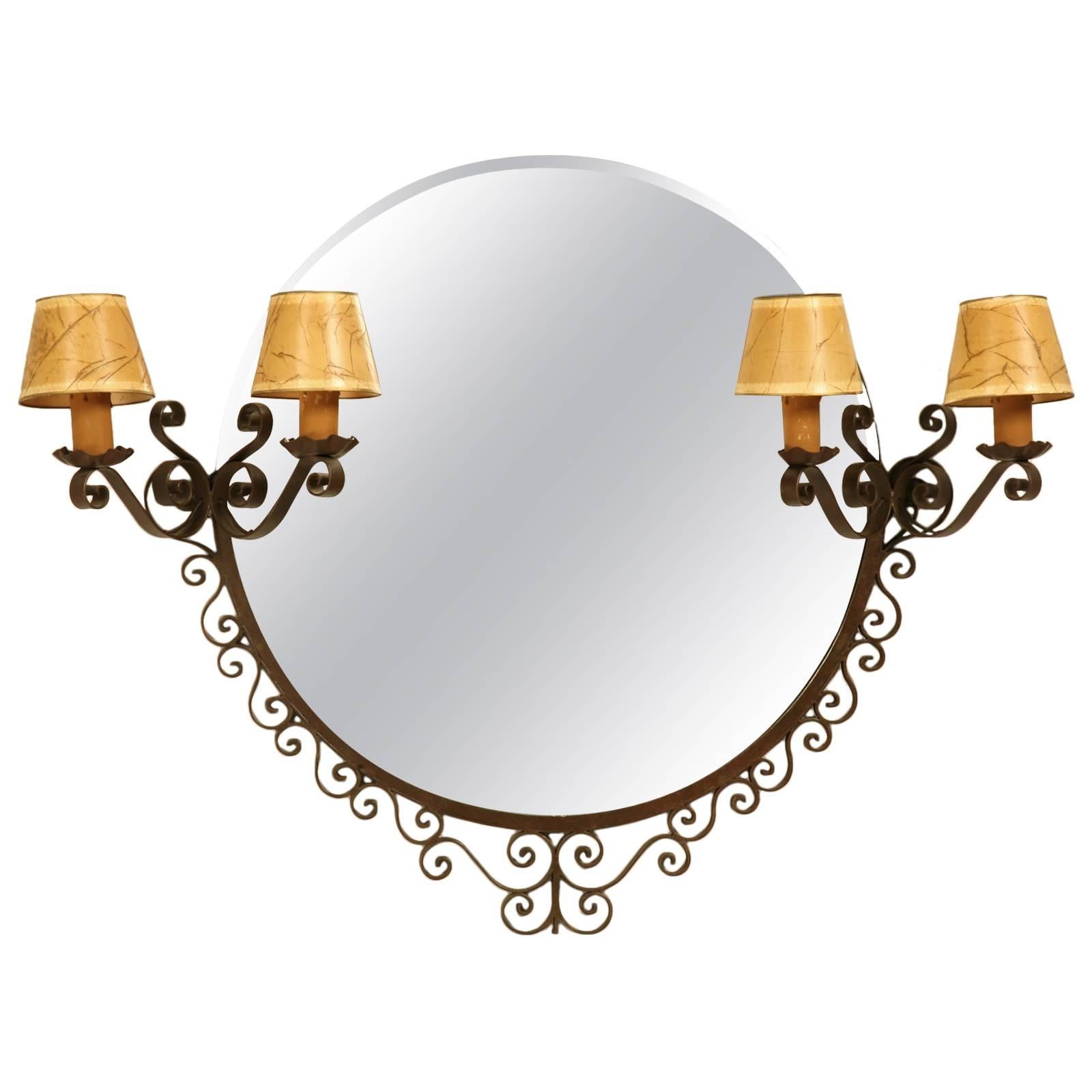 French Art Deco Round Mirror with Built-in Sconces circa 1930's
