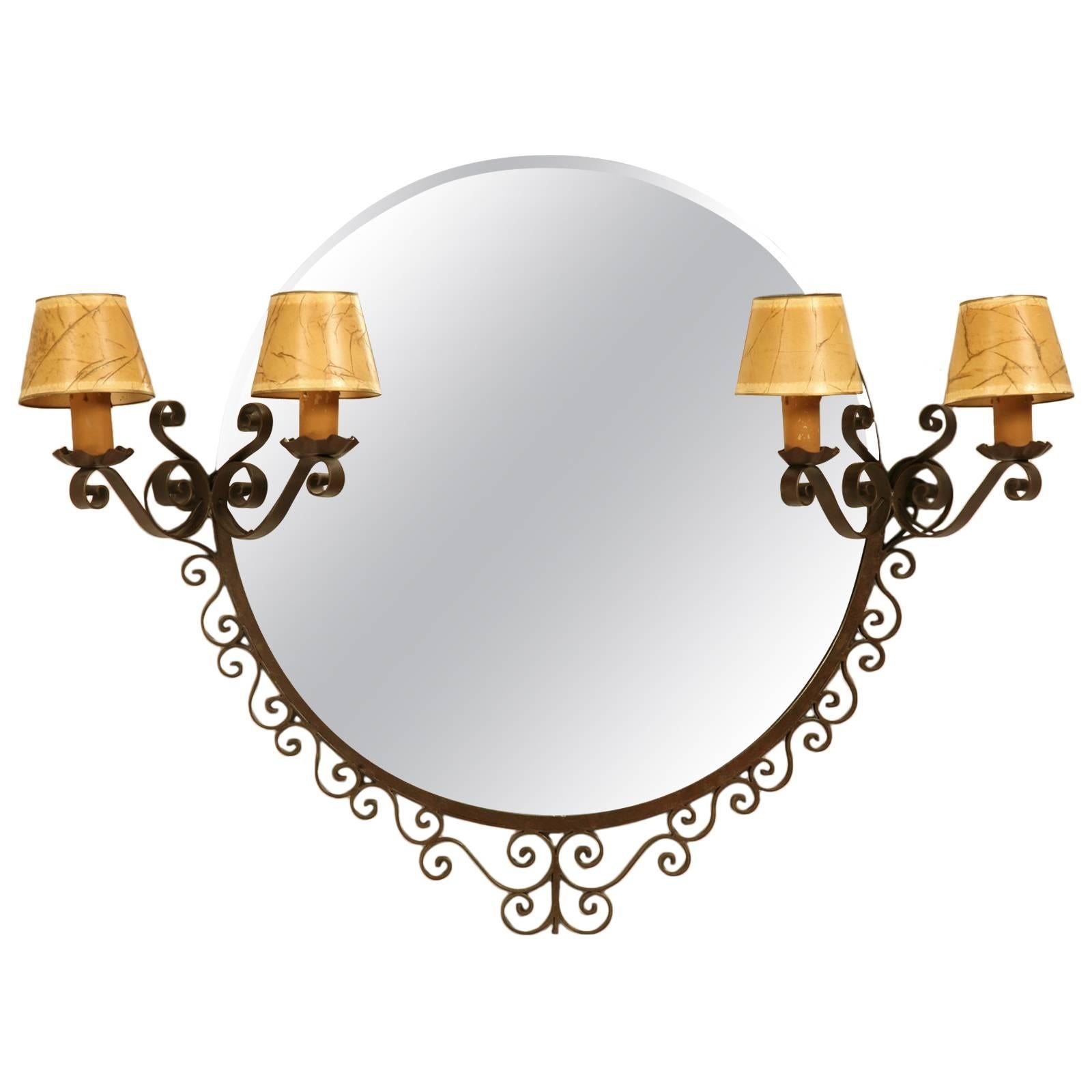 Miroir rond Art Deco avec appliques encastrées circa 1930 en vente