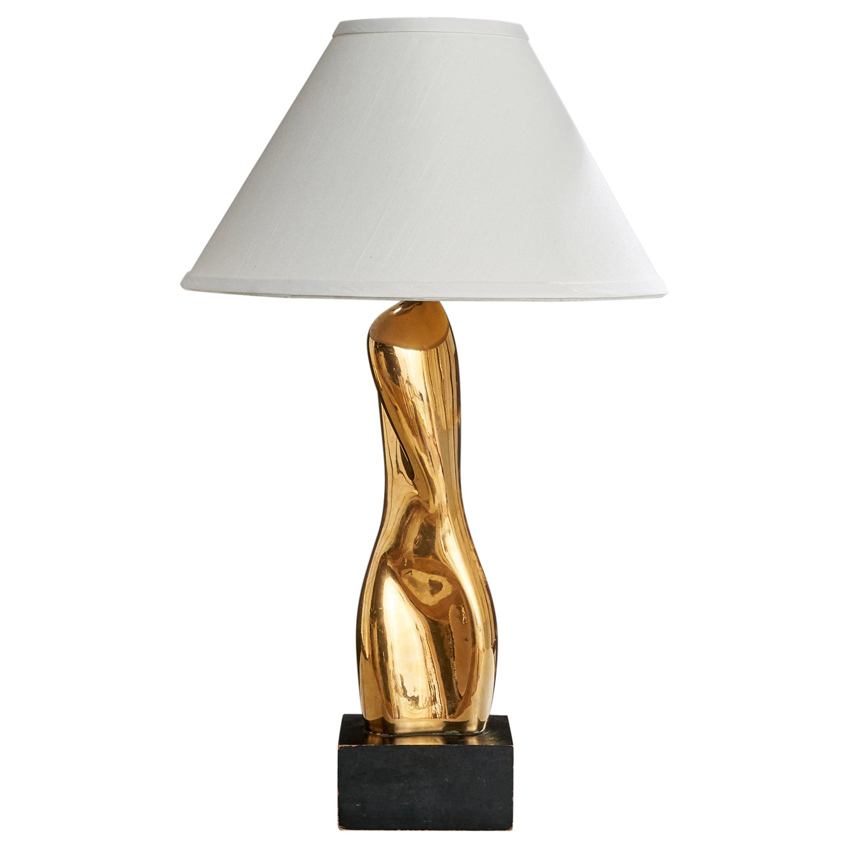 American Designer, Table Lamp, Brass, Wood, USA, 1950s