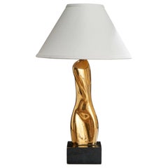American Designer, Table Lamp, Brass, Wood, USA, 1950s