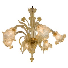 Barovier&Toso Murano glass Pair (2) chandeliers with gold and flowers circa 1950