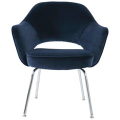 Retro Saarinen for Knoll Executive Arm Chairs in Navy Velvet, Chrome Tubular Legs