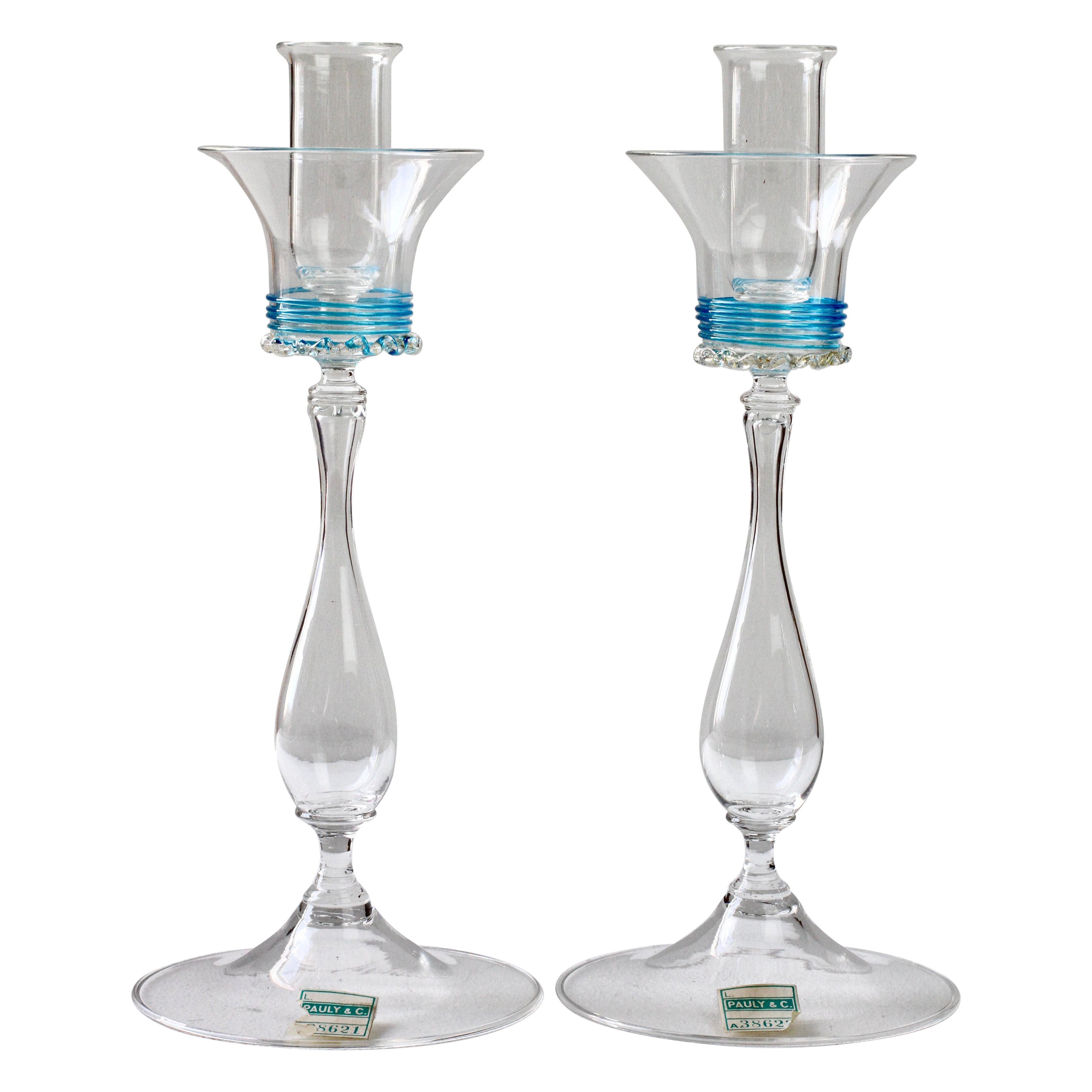 Large Pair of 1950s Pauly & Co Italian Venetian Murano Glass Candlestick Holders