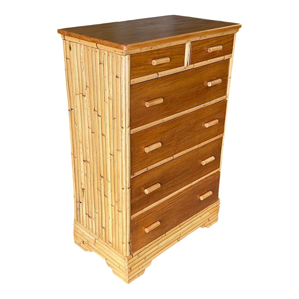 Commode haute de style mi-siècle empilée en rotin et acajou restaurée par Kane Kraft