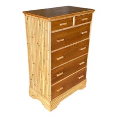 Restored Mid-century Stacked Rattan & Mahogany Highboy Dresser by Kane Kraft