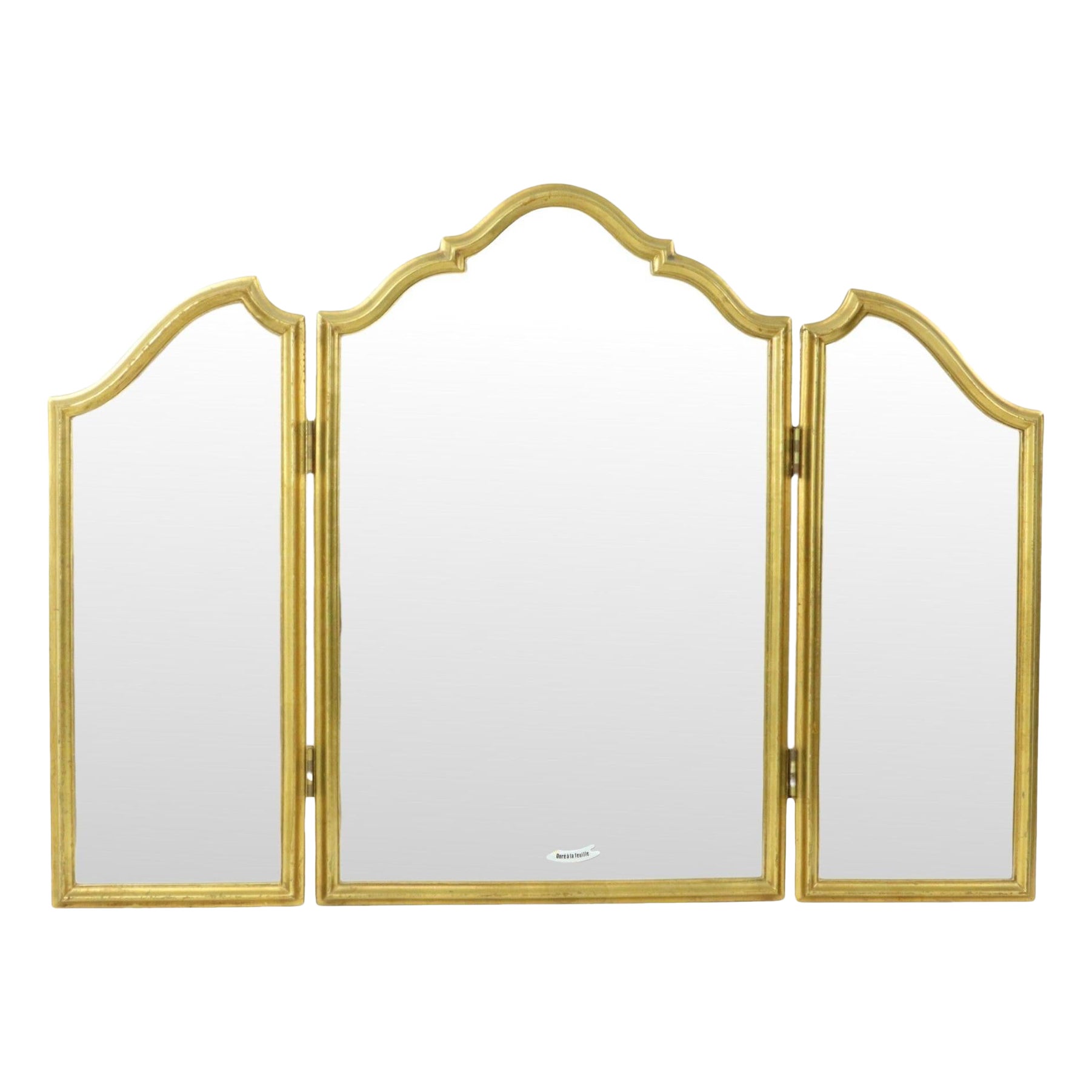 Specchio trittico vintage in foglia d'oro dorata Hollywood Regency 86 cm