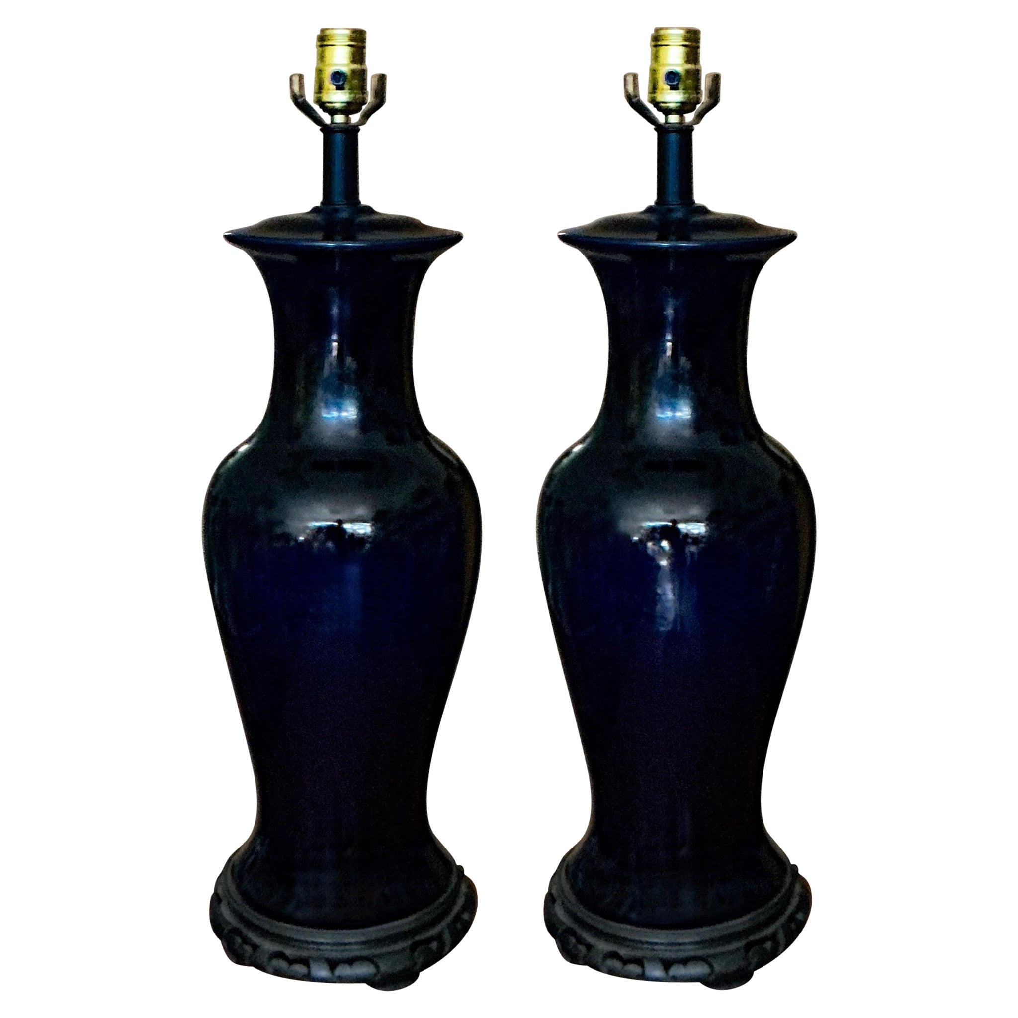 Lampade da tavolo in ceramica blu navy in stile Asian Chinese Export Ginger Jar - Coppia