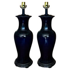 Asian Chinese Export Style Ginger Jar Form Navy Blue Ceramic Table Lamps - Pair