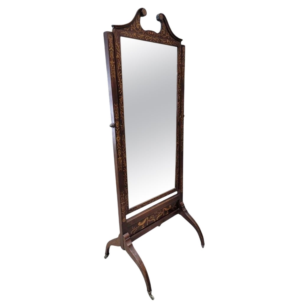 Antique Victorian Mahogany Inlaid Castered Cheval Mirror With Beveled Glass