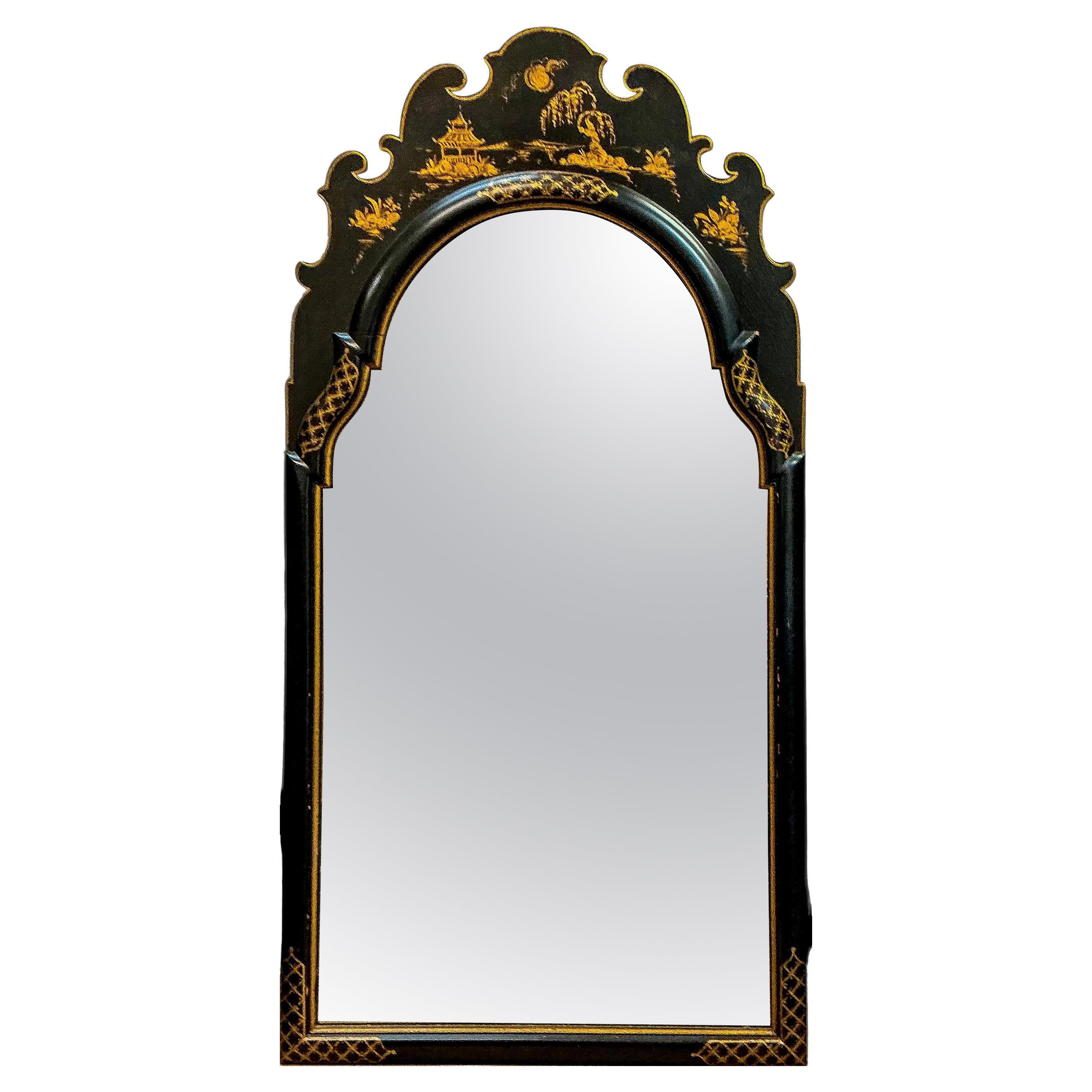 Mid-Century English Georgian Style Black Lacquer & Gilt Chinoiserie Mirror